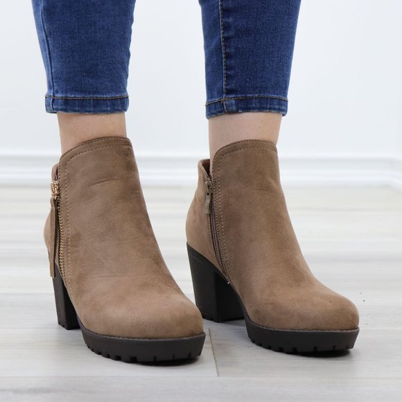 Taupe Suede Lug Chunky Heel Ankle Boots - Picture 3 of 12